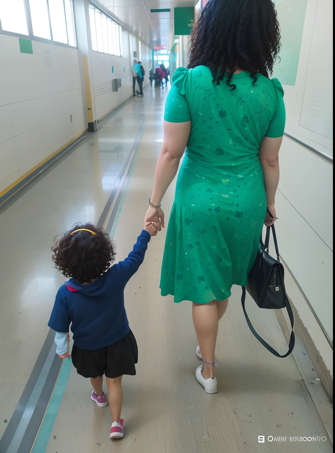 There's a woman and a child walking down a hallway, walking away from camera, Tomado com Sony Alpha 9, with a kid, Holding hands, grandes e pequenos, walking away from camera, walking towards the camera, walking confidently, caminhando juntos, holding hand, cores correspondentes, in a subway, Take my hand, caminhando para a direita, Walking towards the camera