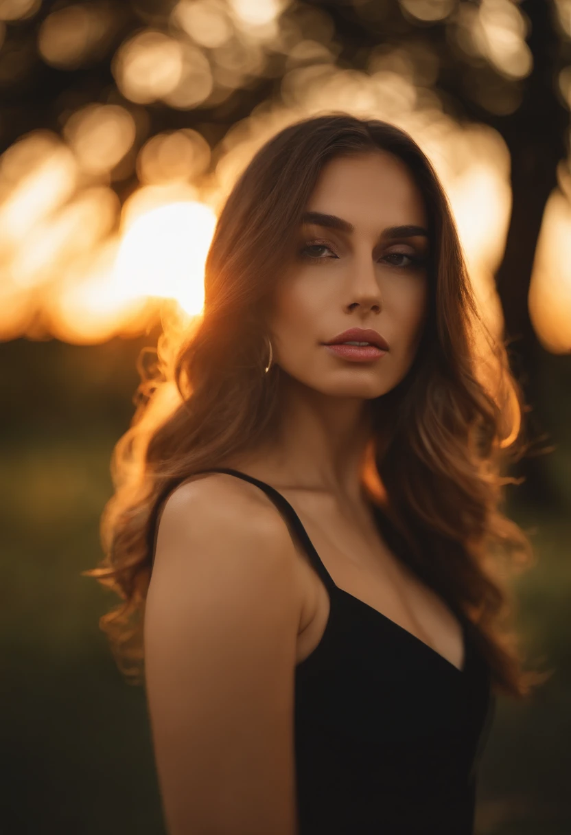 retrato closeup, ß sexypêlos loiros, separated-lips, lips, vestido casual, Olhando para o Viewer, fundo da floresta, Sunset lights, Realistic