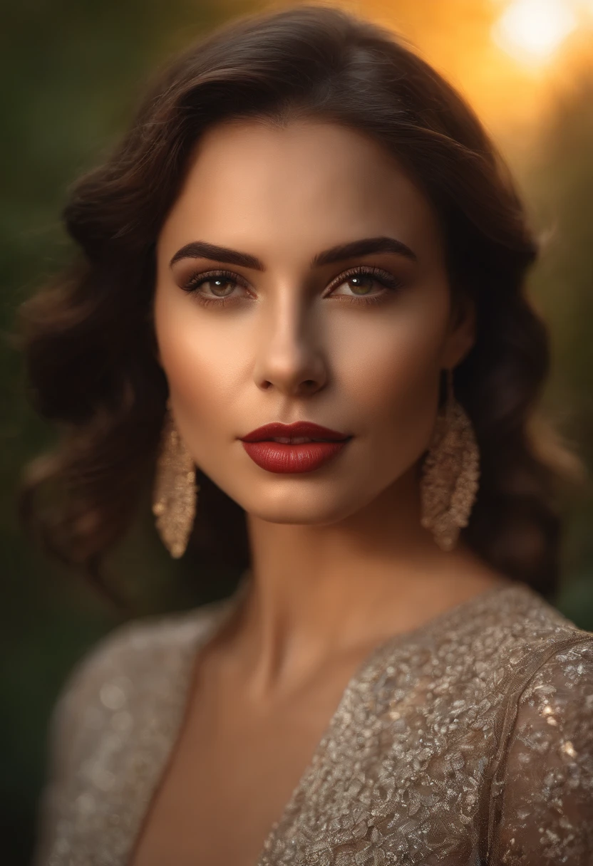 retrato closeup, ß sexypêlos loiros, separated-lips, lips, vestido casual, Olhando para o Viewer, fundo da floresta, Sunset lights, Realistic