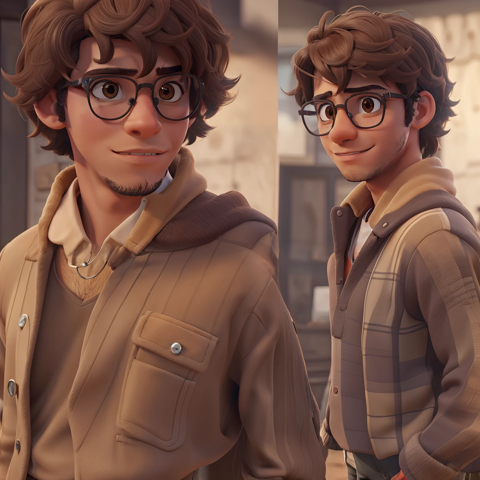 Val is a brown-eyed boy, cabelo crespo, Round Eyewear, pele clara, nariz chato