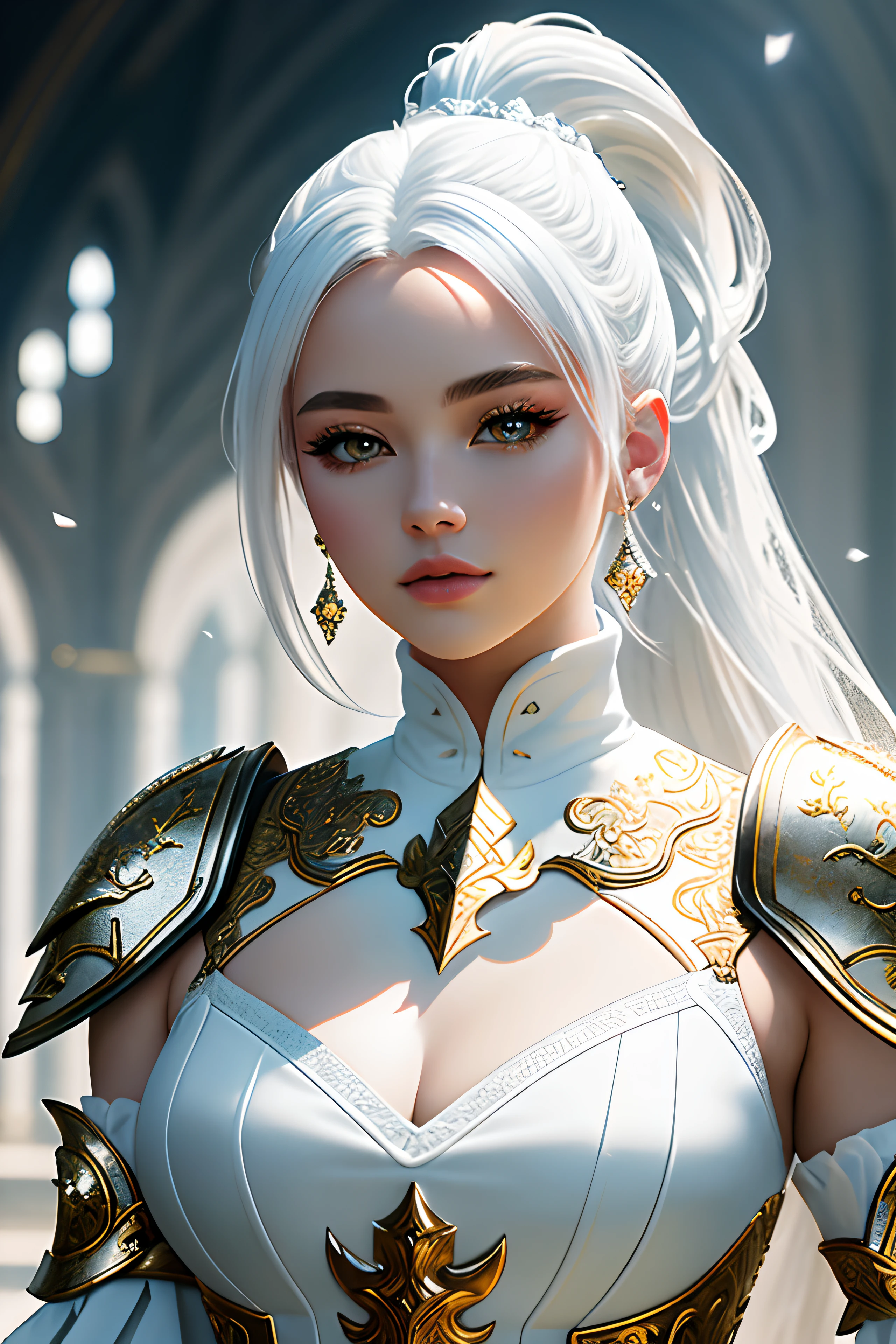 masterpiece, ultra detailed photography of a gorgeous humanoid dragon male, 1girl, (((21 year old girl))), perfectly drawn face, wearing a luxury white battle armor, luxurious gloves, 8k resolution, photorealistic, ultra-high quality, opulent detailed background, 32k, long white hair, messy ponytail, full lips, curvy guy, perfect anatomy, cinematic lighting, intricately detailed, white tetradic color, volumetric lighting