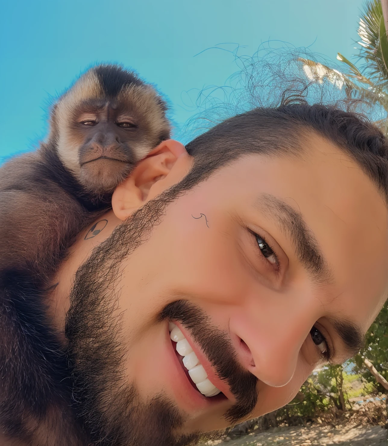 Homem arafed com um macaco nos ombros em uma praia, cara como macaco, friendly guy and small creature, Macacos, 🌻🎹🎼, macaco, imagem de perfil, 🐋 as 🐘 as 🤖 as 👽 as 🐳, 🐿🍸🍋, inspirado em Alex Petruk APe, holding a 🛡 and an 🪓