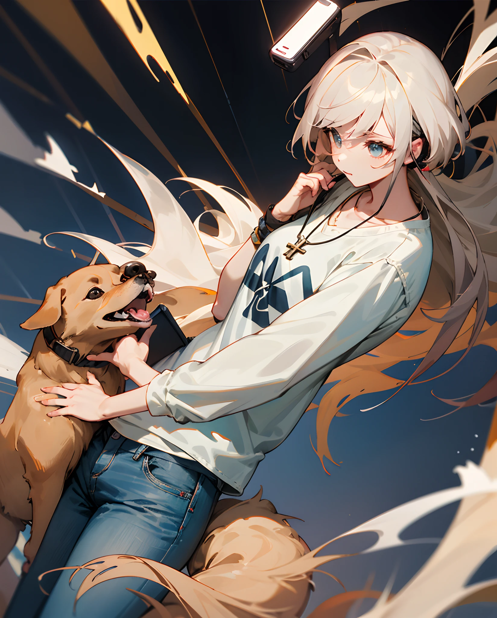 Captira de imagem de melhor qualidade de mulher jovem, branca, cabelos cacheado longo castanho, olhos negros, alta gordinha, maquiada com batom rosa. passeamdo com um golden retriever branco com coleira escrito sirius, em paris usando bermuda jeans e blusa, Headset and mobile phone in hand and necklace with Jesus cross pendant