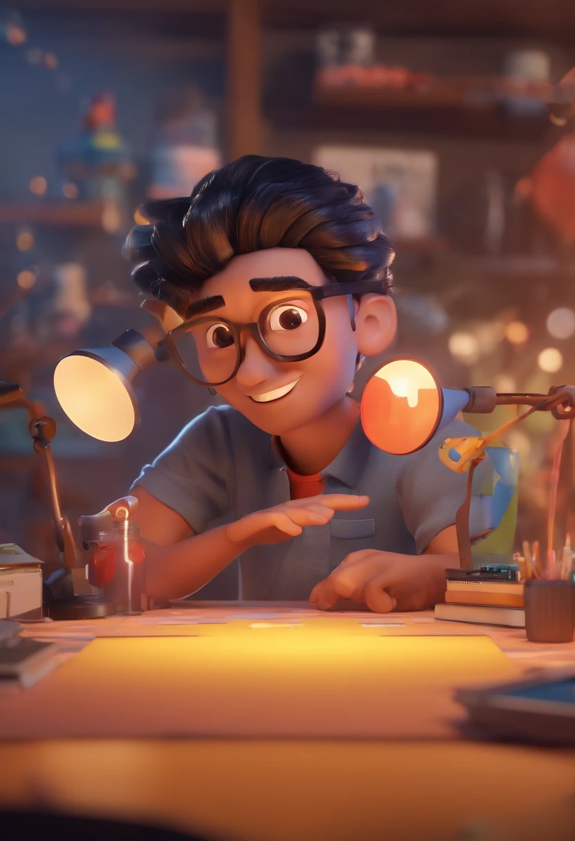 3D poster inspired by Pixar/Disney capturing a scene with a 23-year-old man, black hair without glasses, short spikes, growing beard. Use it in your recording studio. He is happy using his black iPhone 11 to create content for Instagram. The studio has lamps and lights that add depth to the scene. The title "RAYLTO CDS" stands out on the front of the poster