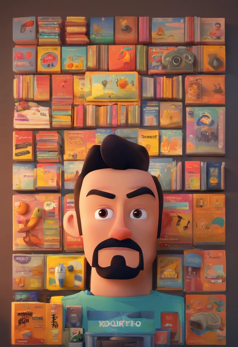 3D poster inspired by Pixar/Disney capturing a scene with a 23-year-old man, black hair without glasses, short spikes, growing beard. Use it in your recording studio. He is happy using his black iPhone 11 to create content for Instagram. The studio has lamps and lights that add depth to the scene. The title "RAYLTO CDS" stands out on the front of the poster