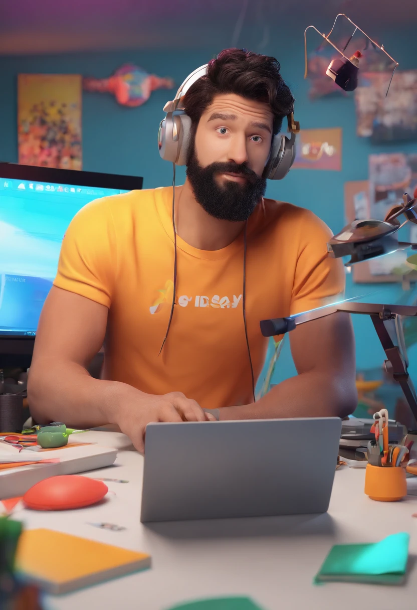 3D poster inspired by Pixar/Disney capturing a scene with a 23-year-old man, black hair without glasses, short spikes, growing beard. Use it in your recording studio. He is happy using his black iPhone 11 to create content for Instagram. The studio has lamps and lights that add depth to the scene. The title "RAYLTO CDS" stands out on the front of the poster