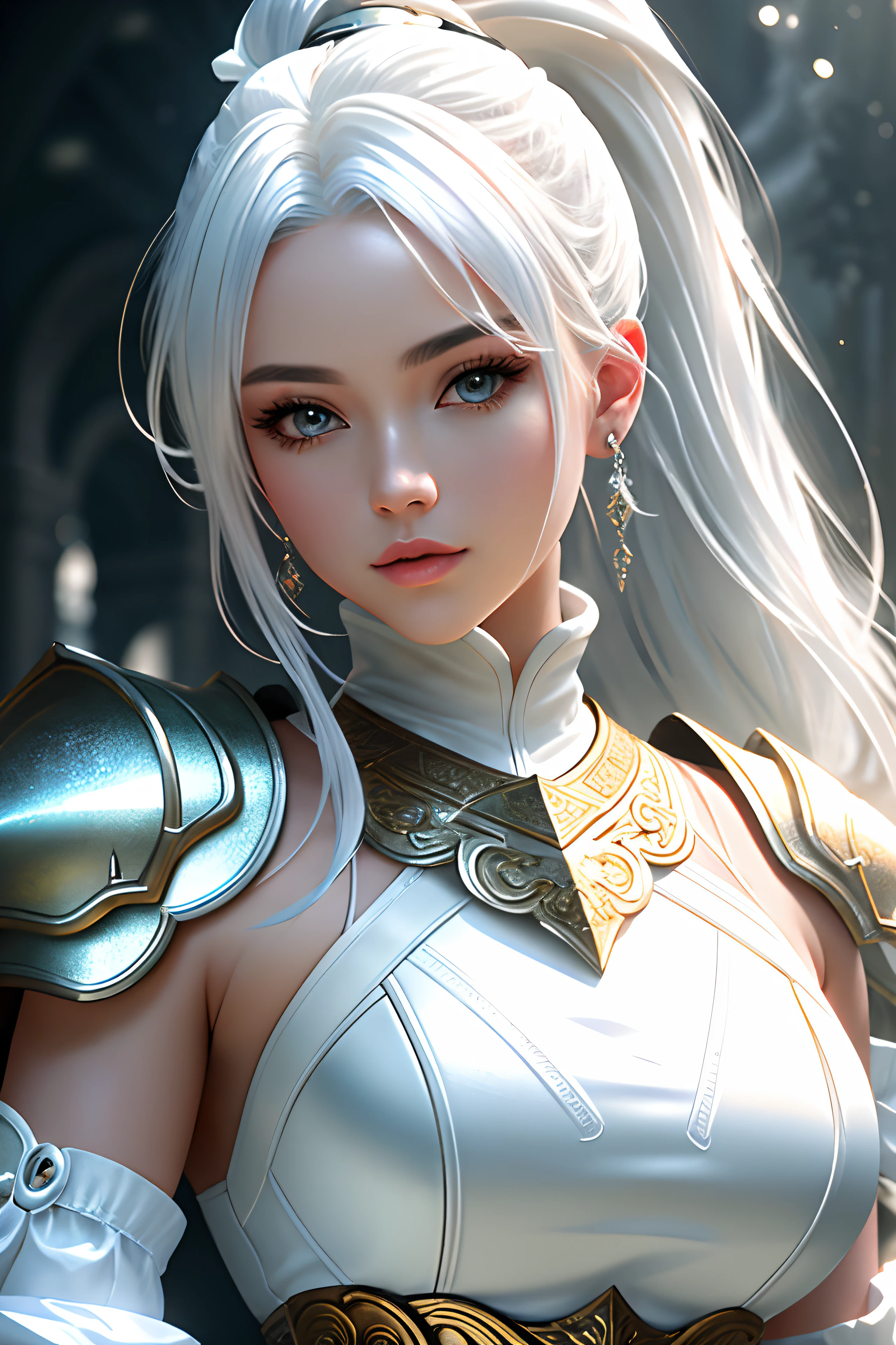 masterpiece, ultra detailed photography of a gorgeous humanoid dragon male, 1girl, (((21 year old girl))), perfectly drawn face, wearing a luxury white battle armor, luxurious gloves, 8k resolution, photorealistic, ultra-high quality, opulent detailed background, 32k, long white hair, messy ponytail, full lips, curvy guy, perfect anatomy, cinematic lighting, intricately detailed, white tetradic color, volumetric lighting