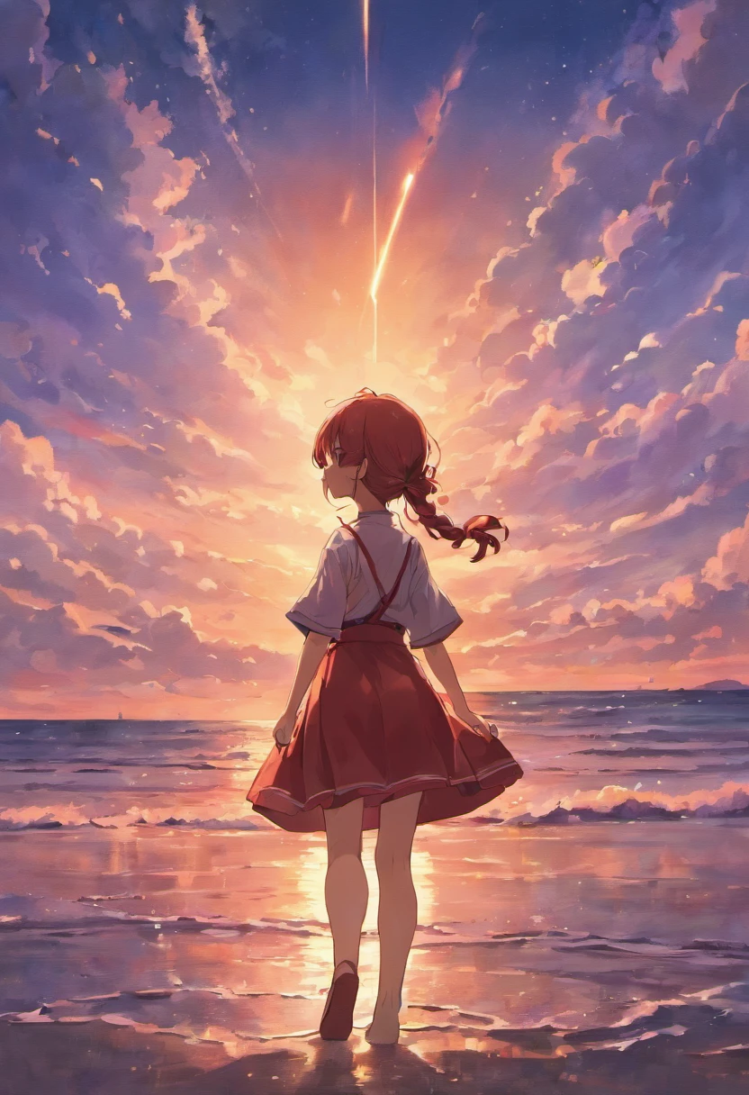 1girl, sozinho,sorrir, Praia,(Sunset:1.1), Akagi_tou(denchi-projeto), sozinho, ornamento do cabelo da estrela, twin braids,brilho, from behind, Looking back, Huge sunset,red float, uniforme, Noite, Acenando, mar