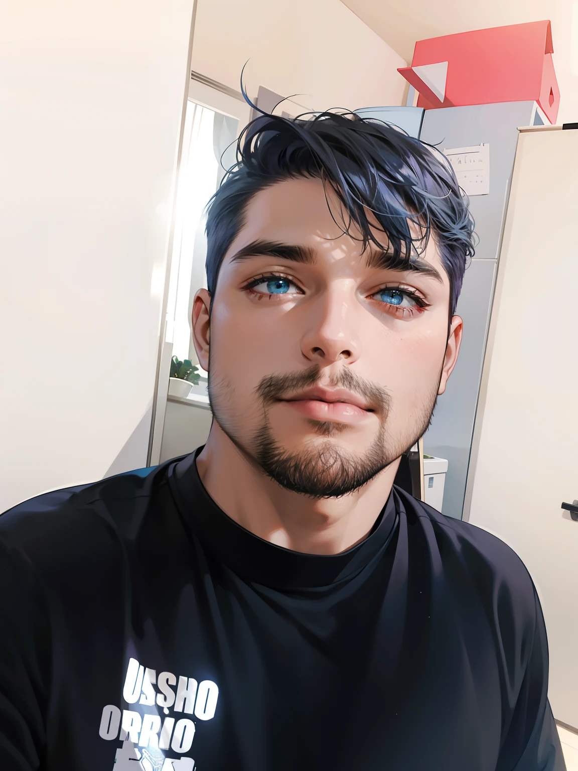 master part, alta qualidade, best quality, disco Rigido, Realistic, perfect lighting, corpo detalhado, 1 Homem, cabelo azul escuro curto, camiseta dourada, calm expression, usando armadura, na natureza