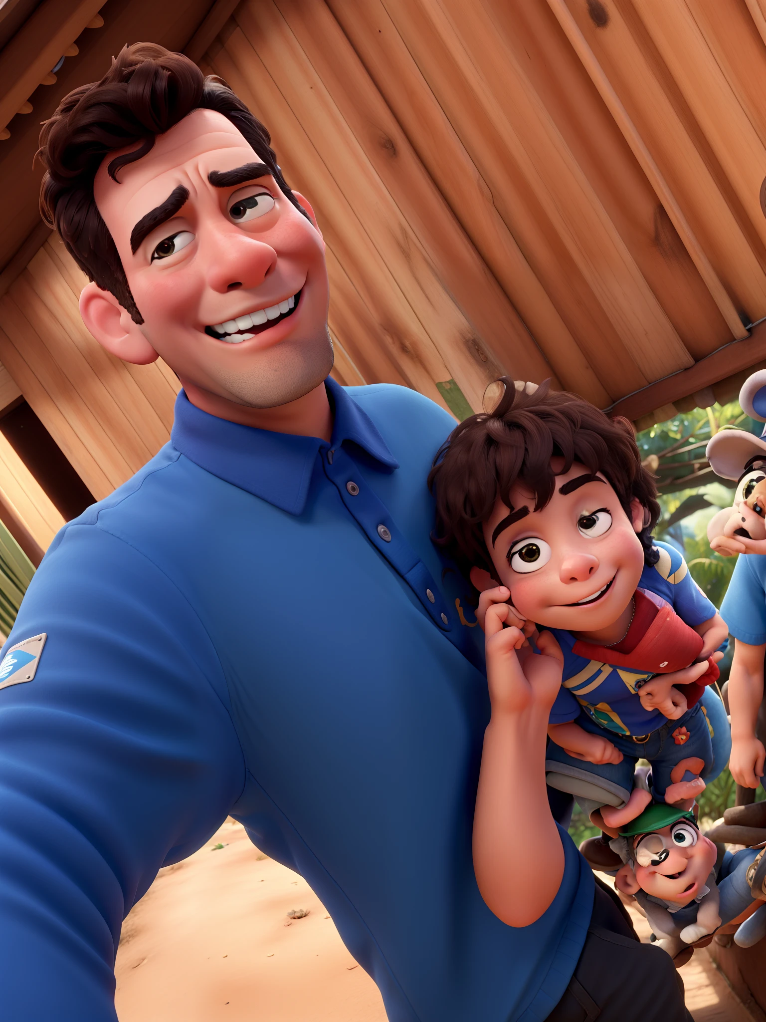 Criar post disney pixar baseado na foto, pai segurando sua filha no colo