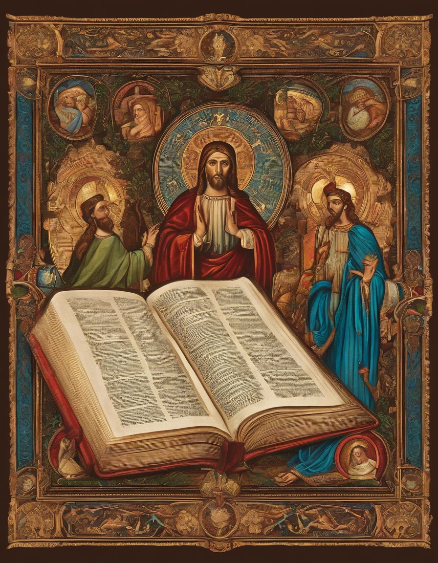 The puzzle-shaped painting has the Bible open in the center. to the left, a man throws a stone at a giant&#39;s head. from beside, an elderly man holds tablets with inscriptions on a mountain surrounded by clouds. High above, a man and a woman are in a lush garden with a snake in the tree. On the right, a newborn baby lies in a manger with his parents around. Next, a man turns water into wine at a banquet. Finally, a man is nailed to a cross, showing so
