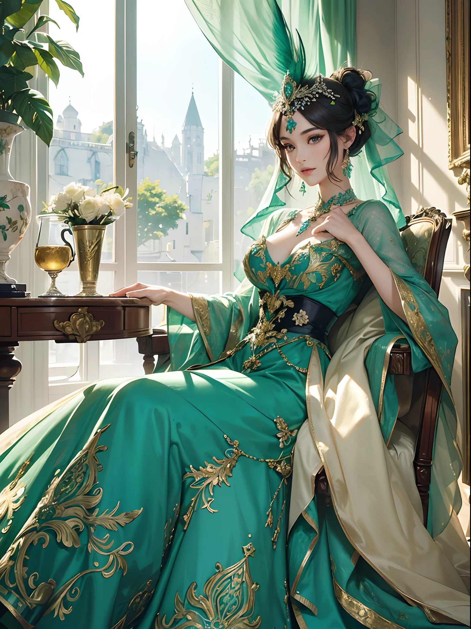 A woman in a green dress sitting in a chair near a window - SeaArt AI