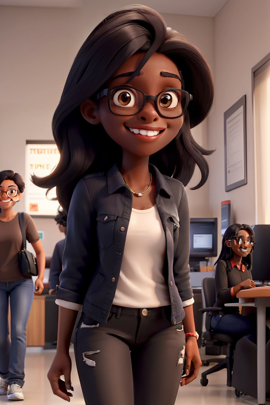 25-year-old girl, with dark skin with long black, straight hair wearing jeans, red mouth, wearing glasses, smiling, in a hospital reception