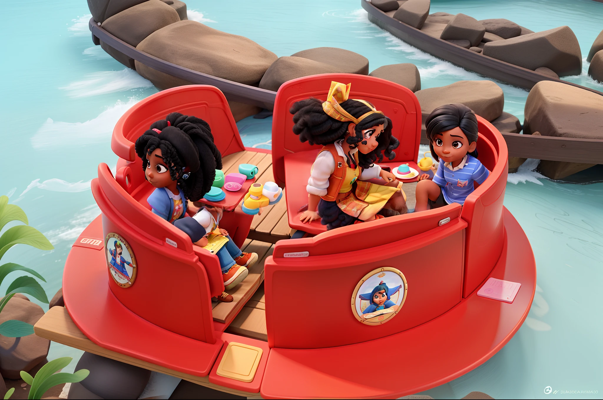 Uma mulher branca sentada ao lado de uma menina em um banco do brinquedo, And on another bench is a woman sitting with another girl with black Disney Pixar hair, alta qualidade, melhor qualidade