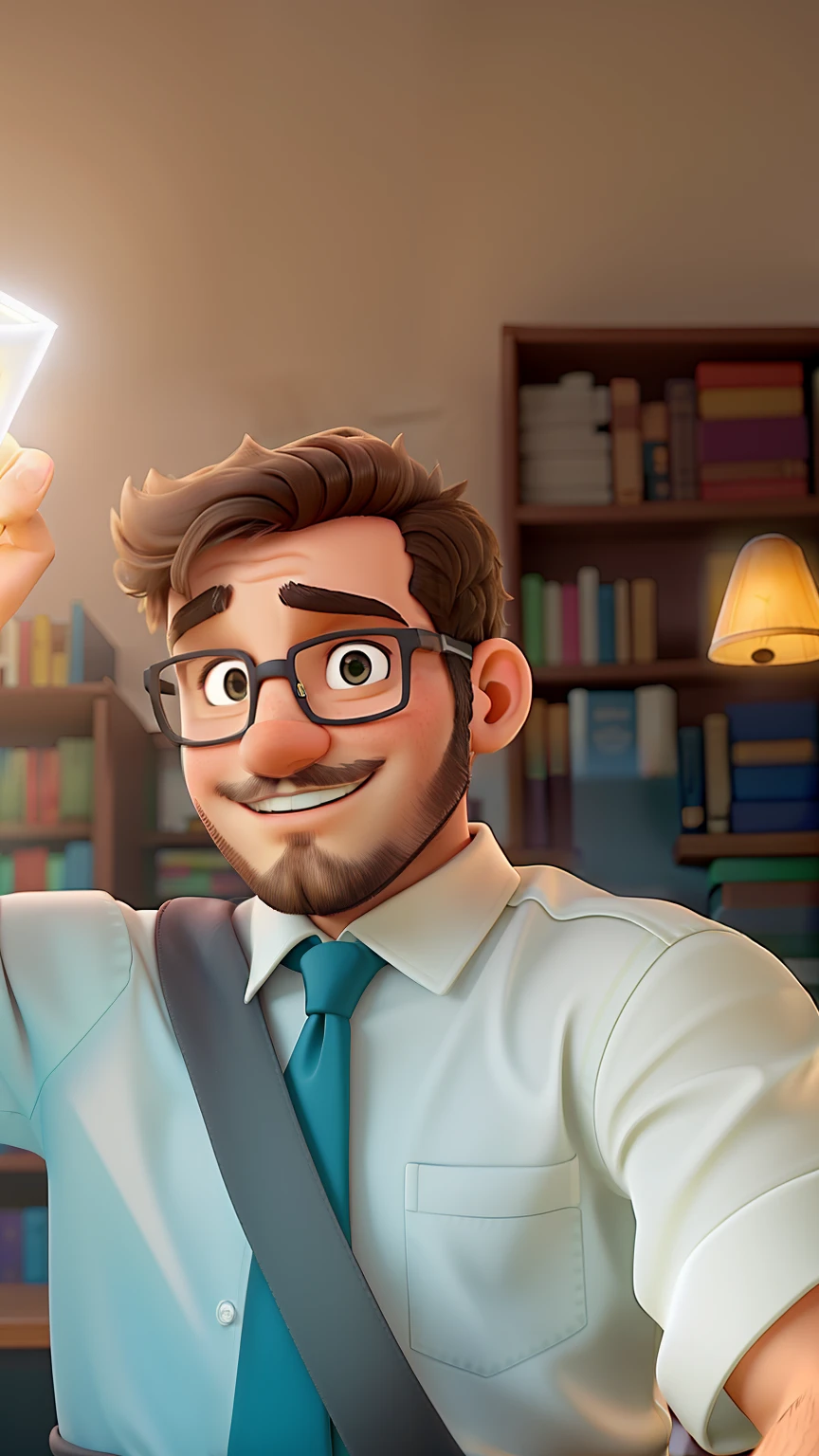 Um jovem advogado com barba, iluminado pela luz do sol, against the backdrop of a library without wearing a seatbelt