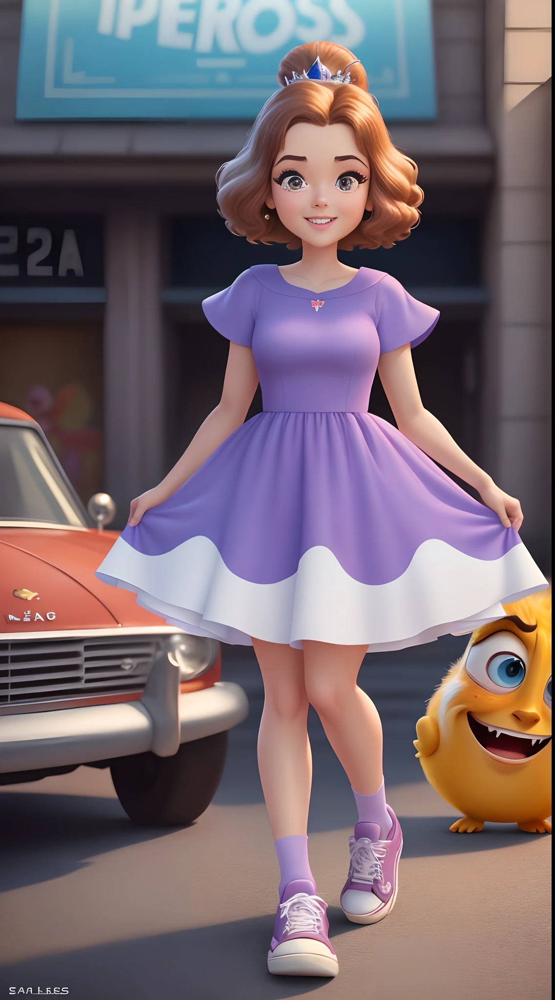 Make a Pixar movie cover style poster with a girl, cabelos pretos lisos e medio, pele clara, Princess dress and a lilac sneaker in her hands, em uma loja de sapatos, Images need to be ultra definition, just like the Pixar cartoons are