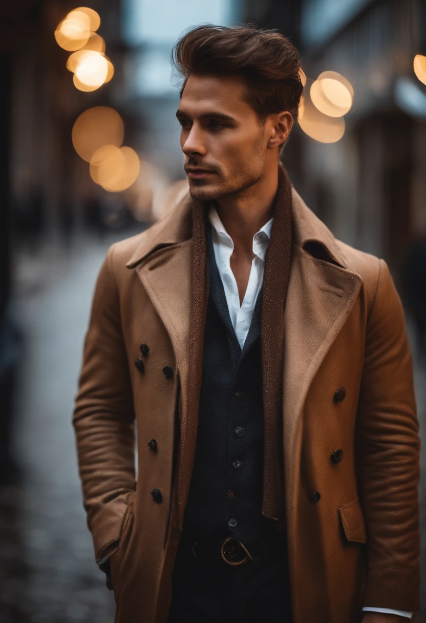 Full body photo portrait photo of handsome man、perfect  eyes、Wearing a mecha coat((Light bokeh))、Convoluted、(steel metal[rust])、elegent、foco nítido、Photo by Greg Rutkowski、Soft lighting、bright colour、​masterpiece、(a street))、autumnal、sad、One foot in front of you、Body orientation is 45°