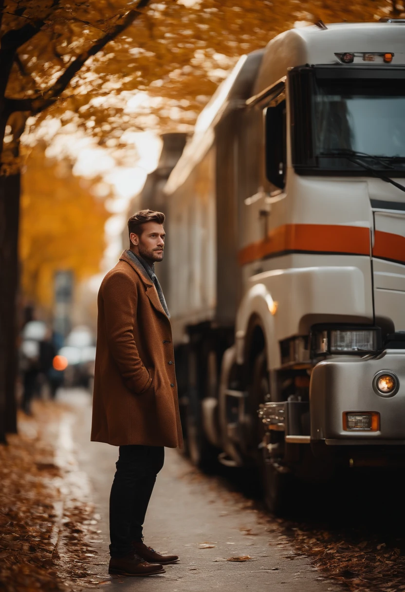 Full body photo portrait photo of handsome man、perfect  eyes、Wearing a mecha coat((Light bokeh))、Convoluted、(steel metal[rust])、elegent、foco nítido、Photo by Greg Rutkowski、Soft lighting、bright colour、​masterpiece、(a street))、autumnal、sad、One foot in front of you、Body orientation is 45°