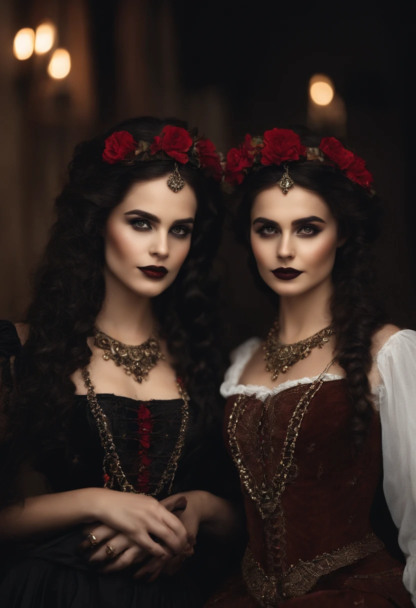 alta qualidade, rico em detalhes, Menina de cabelos prateados de cauda dupla posando fofa. They wear vintage gothic clothes, usando pulseiras, brincos e colares. Large ones are also visible. The photo is a close-up of the face, com clivagem, ????? brilhantes, suor no decote, e uma vibe ????.