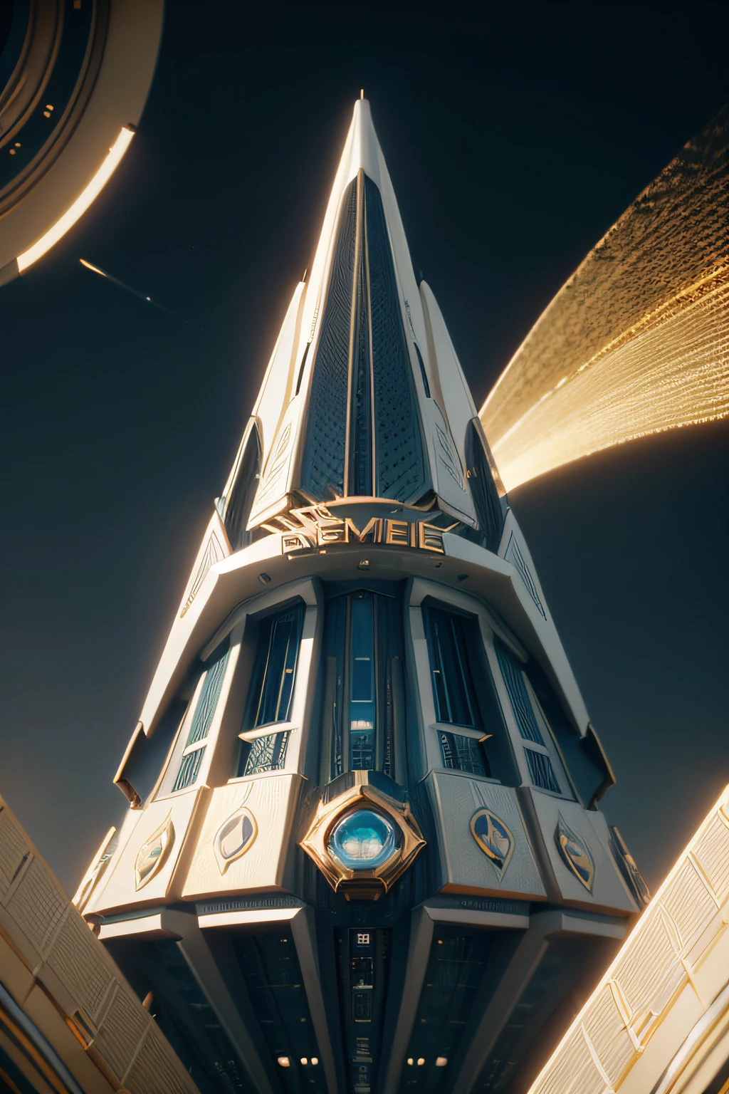 a close up of a gold and white futuristic title with the name FOMU disney style. art deco, c 4 d ", c 4 d style, cinema 4 d art, geometric art deco, rendered in cinema4d, rendered in cinema 4 d, award winning. disney style, central symmetrical composition, new song cover, cinema4d render, cinema 4d render