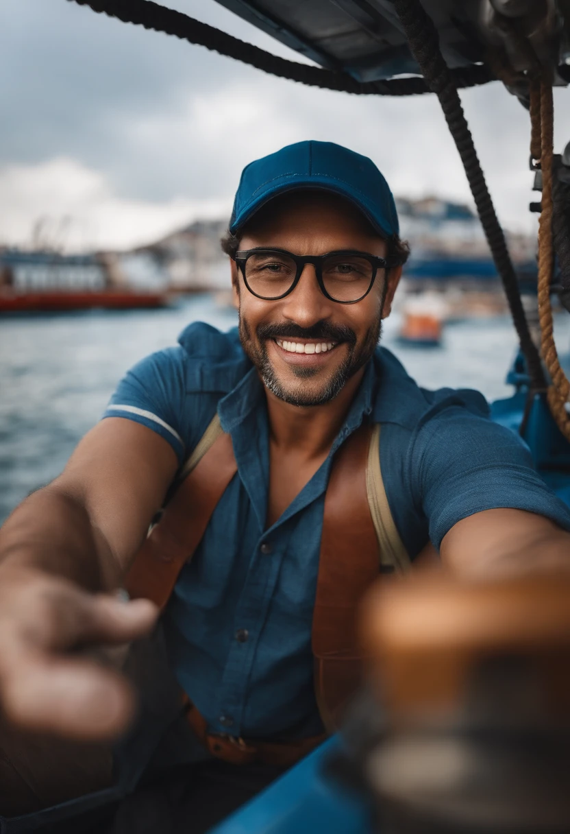 A man inspired by Pixar animation taking a selfie photo inside a boat on the water, with a happy expression, utilizando um capacete escrito SAAM Towage e um colete salva vidas, em um porto com containers e com dois rebocadores amarelo e azul escrito SAAM Towage.