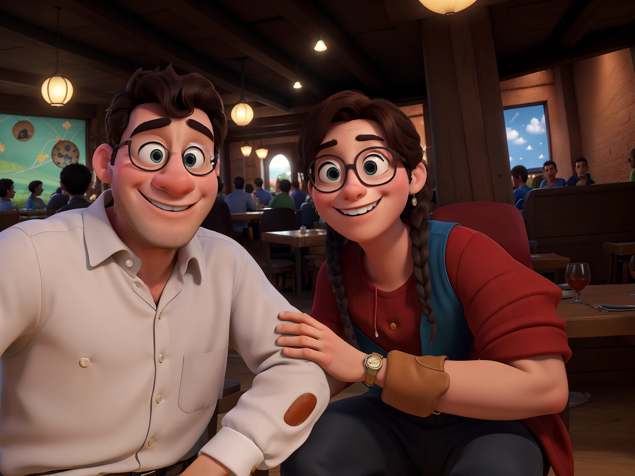 Obra-prima, de melhor qualidade, 3D Poster , casal de jovens no restaurante estilo Disney e Pixar