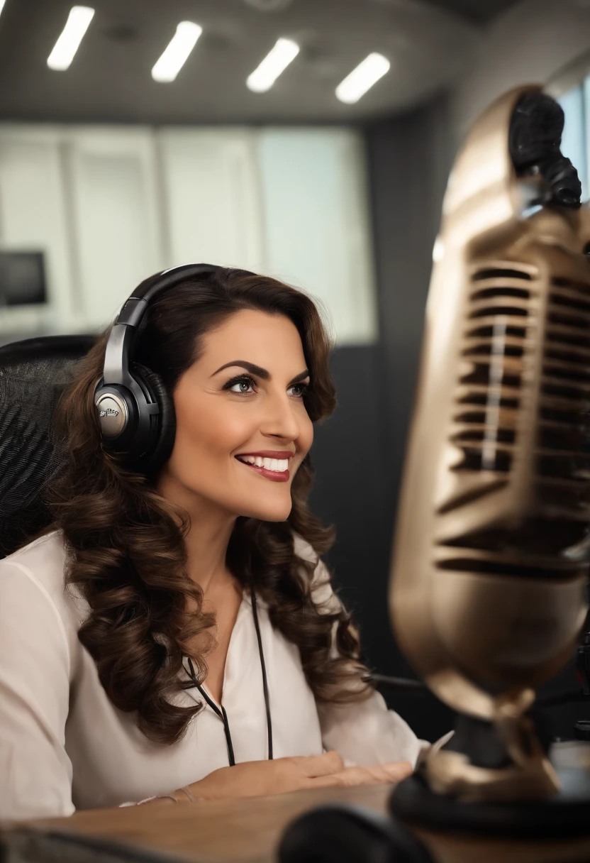 uma mulher de 40 anos, locutora, feliz, cabelos longos castanhos claros, olhos castanhos, batom vermelho, com fones de ouvido, falando ao microfone, Audio Desk at the Front, In a radio studio, Imagem no estilo Pixar, Estilo de filme animado 3D, Disney, camiseta preta com logo redondo disco de vinil escrito Saudade FM,