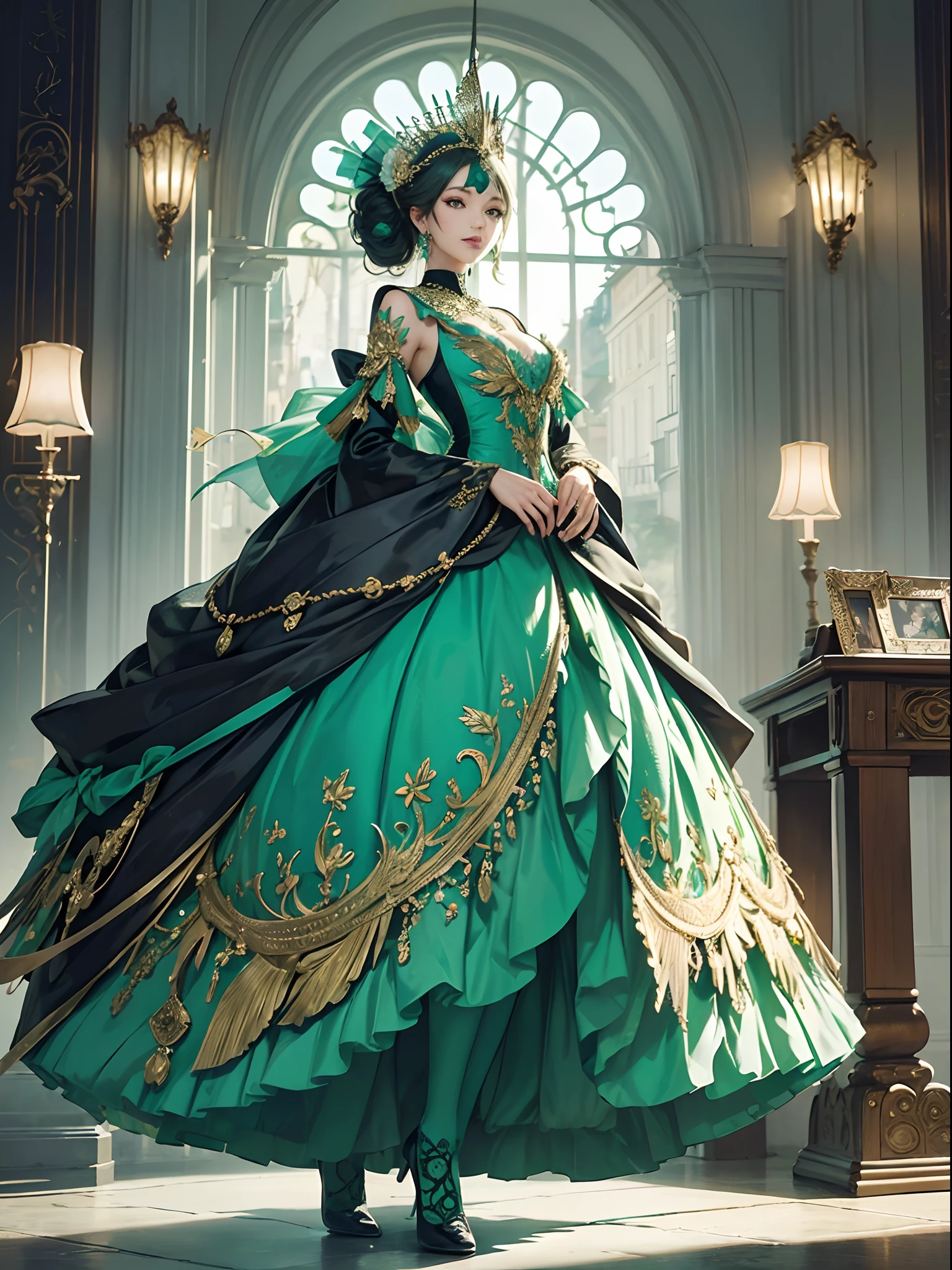 green tone、Vibrant colors、((masterpiece)))、(((top-quality)))、((ultra-detailliert))、(A hyper-realistic)、(highly detailed CGillustration)、Official art、Lisbon at the beginning of the 20th century、Decadent、Madame Papillon、Masquerade、Elegance、Masks that cover most of the face、Colorful and detailed mask design、matchless beauty、Fans、gorgeous dress、jewely、Perfect Angle、perfect-composition、full body Esbian