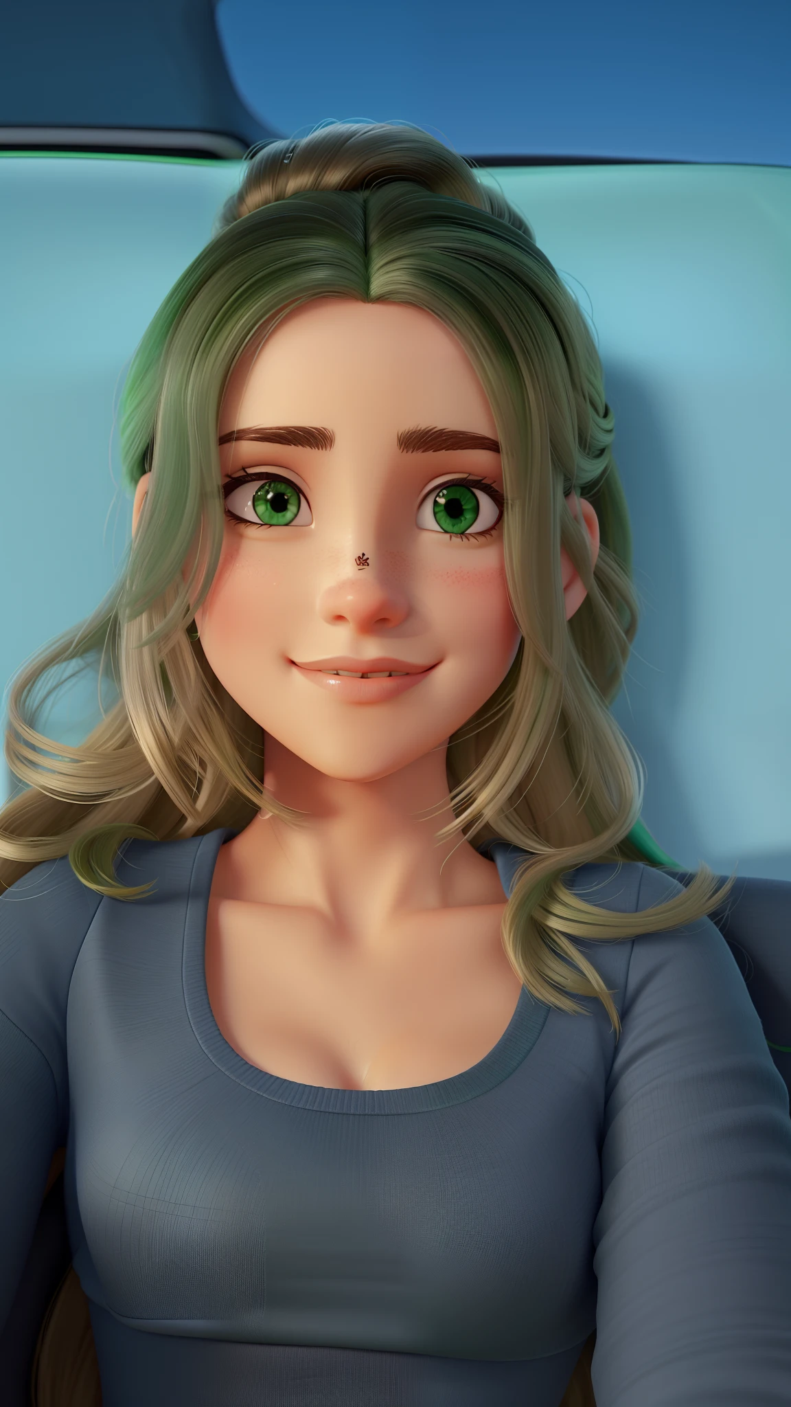 Mulher de cabelo claro, olhos verdes e rosto fino