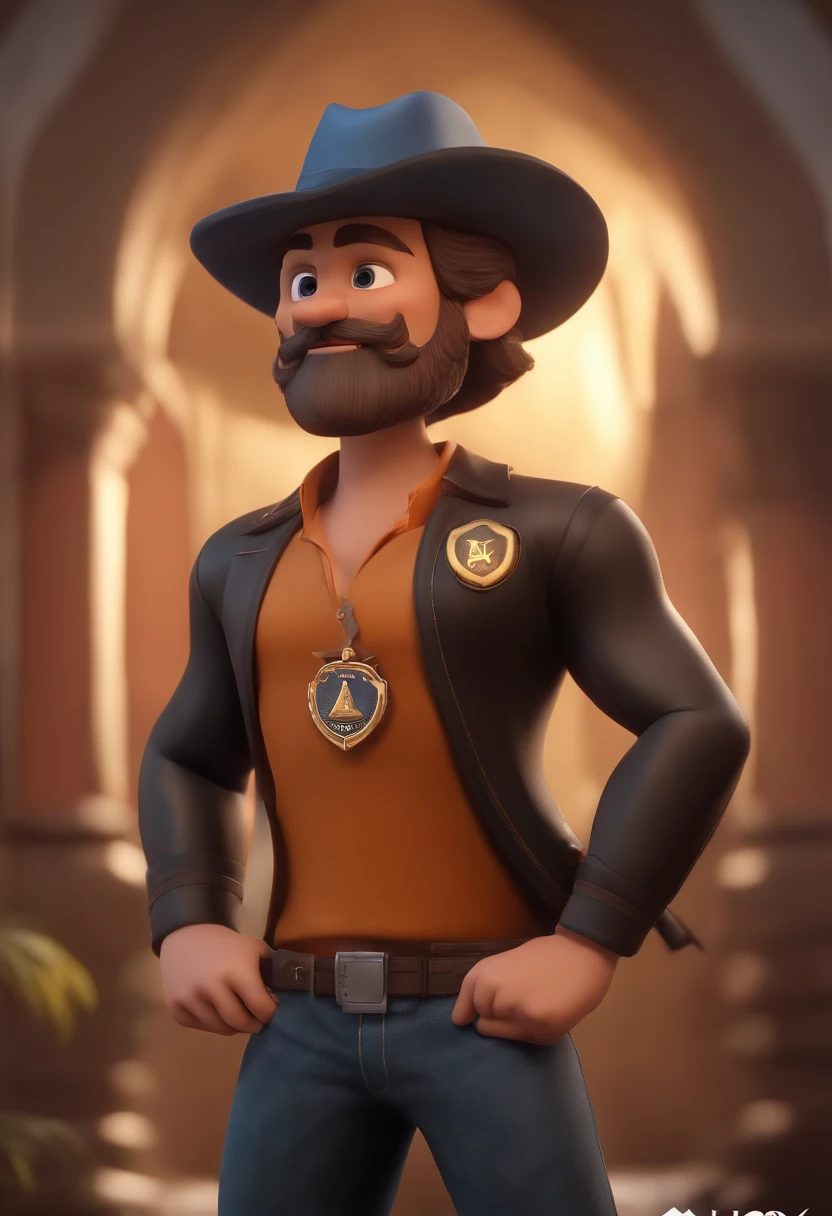 personagem de desenho animado de um homem com barba castanha e cabelo curto com topete, a black shirt wearing a badge written Kcomk productions animated character, Caractere estilizado, animation style rendering, 3D estilizado, Arnold Maya render, 3 d render stylized, toon render keyshot, Personagem 3D, Personagem 3D, 3d rendering stylized, 3 d character render, personagem de desenho animado, Personagem de close up, Pose de personagem,  (Estilo Pixar) (master part:1.2) (Bokeh) (best quality) (pele detalhada) (textura detalhada) (8k) (argila) (Cinematic lighting) (foco nítido