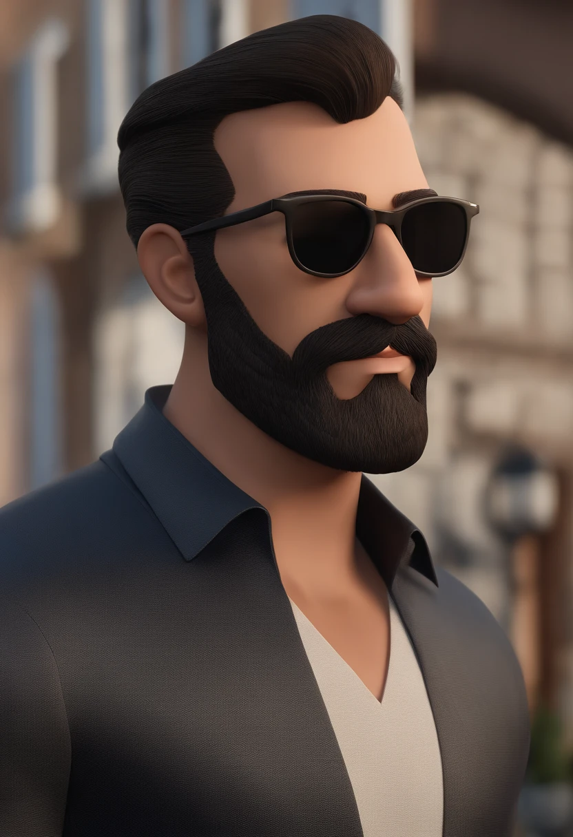 personagem de desenho animado de um homem com barba castanha e cabelo curto com topete, a black shirt wearing a badge written Kcomk productions animated character, Caractere estilizado, animation style rendering, 3D estilizado, Arnold Maya render, 3 d render stylized, toon render keyshot, Personagem 3D, Personagem 3D, 3d rendering stylized, 3 d character render, personagem de desenho animado, Personagem de close up, Pose de personagem,  (Estilo Pixar) (master part:1.2) (Bokeh) (best quality) (pele detalhada) (textura detalhada) (8k) (argila) (Cinematic lighting) (foco nítido