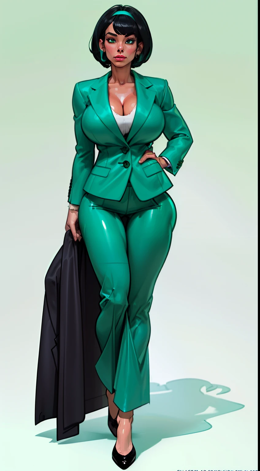 ((masterpiece)),(((best quality))), ((character design sheet)), ((full body view)) illustration,1girl, muscular, ((mintgreen blazer:1.4)), ((mintgreen pants:1.4)) buttercup, (mintgreen hairband),((black hair:1.4)), greensuiys ((detailed face:1.4)) ((gigantic breasts:1.3)), beautiful woman, slick bobcut, shiny skin, (thick legs), scribbles and marks, , rough sketches, pose, 8k,16k, (simple background, white background: 1.3)