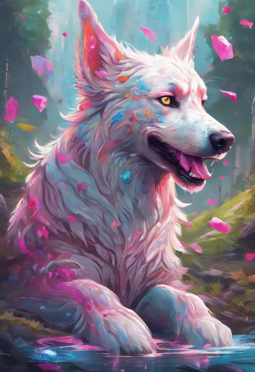 Splash art, full wihte mutt dog, pink nose, ((white background)), piercing gold eyes, epic Instagram, artstation, splash style of colorful paint, contour, hyperdetailed intricately detailed , unreal engine, fantastical, intricate detail, splash screen, complementary colors, fantasy concept art, 8k resolution, deviantart masterpiece, oil painting, heavy strokes, paint dripping, splash arts