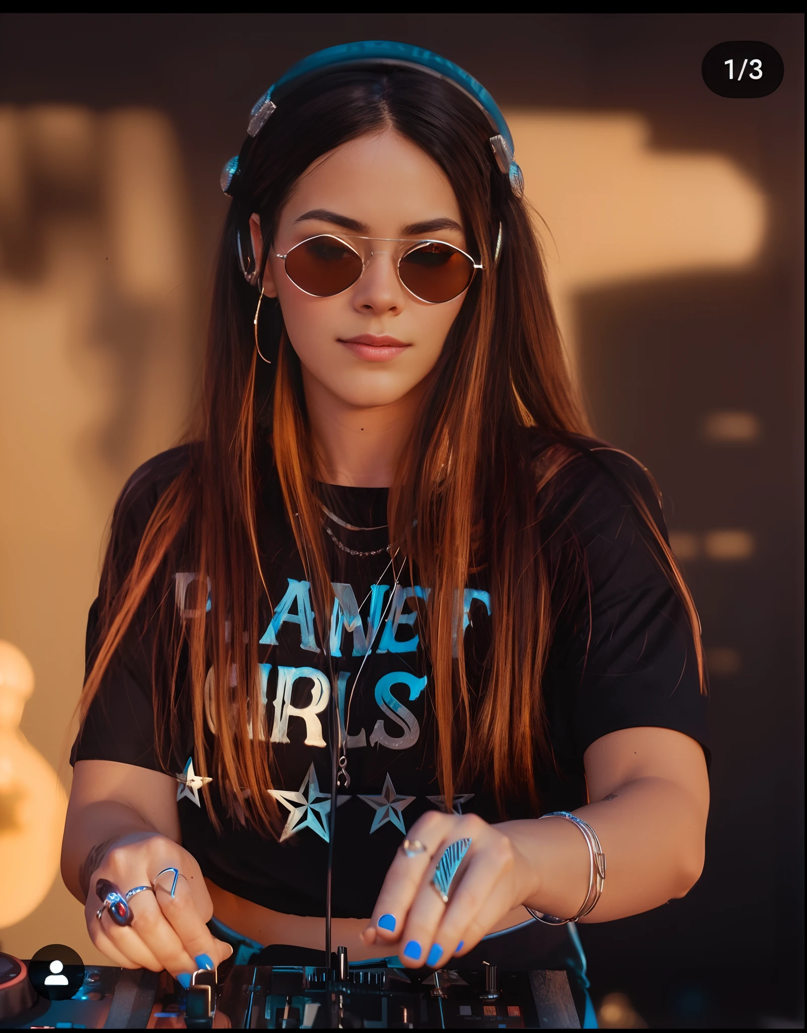 "(((A female DJ)))，(Huge speakers on stage，Color luminescent mixer，Female DJ at work，Serious work，DJing，tuning，)，(Exquisite facial features，big breasts beautiful，adolable，Black leather skirt，Playful accessories，DJ headphones，The headphones glow，Eccentric，vivaciousness，Expressive，Raised sexy)，((Face the dance floor audience below))，Music Clubs，lamplight，night club，Independent cinema，DJ facing the dance floor，LED.Underground banquet hall，Highest quality，Skin texture，Intricate details，(Cinematic lighting)，RAW photo，8K。" Luminous lighting. Vivid colors.