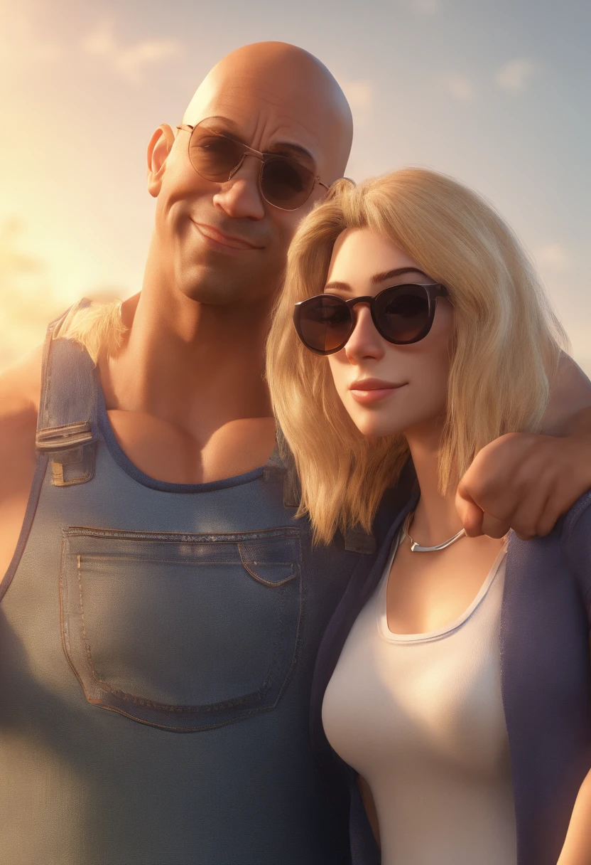 Estilo Pixar: Adult Man Vin Diesel Black in Top Tank Top Hugging Blonde Woman Medium Hair Wearing Sunglasses, Jeans e camisa preta em uma sala de aula