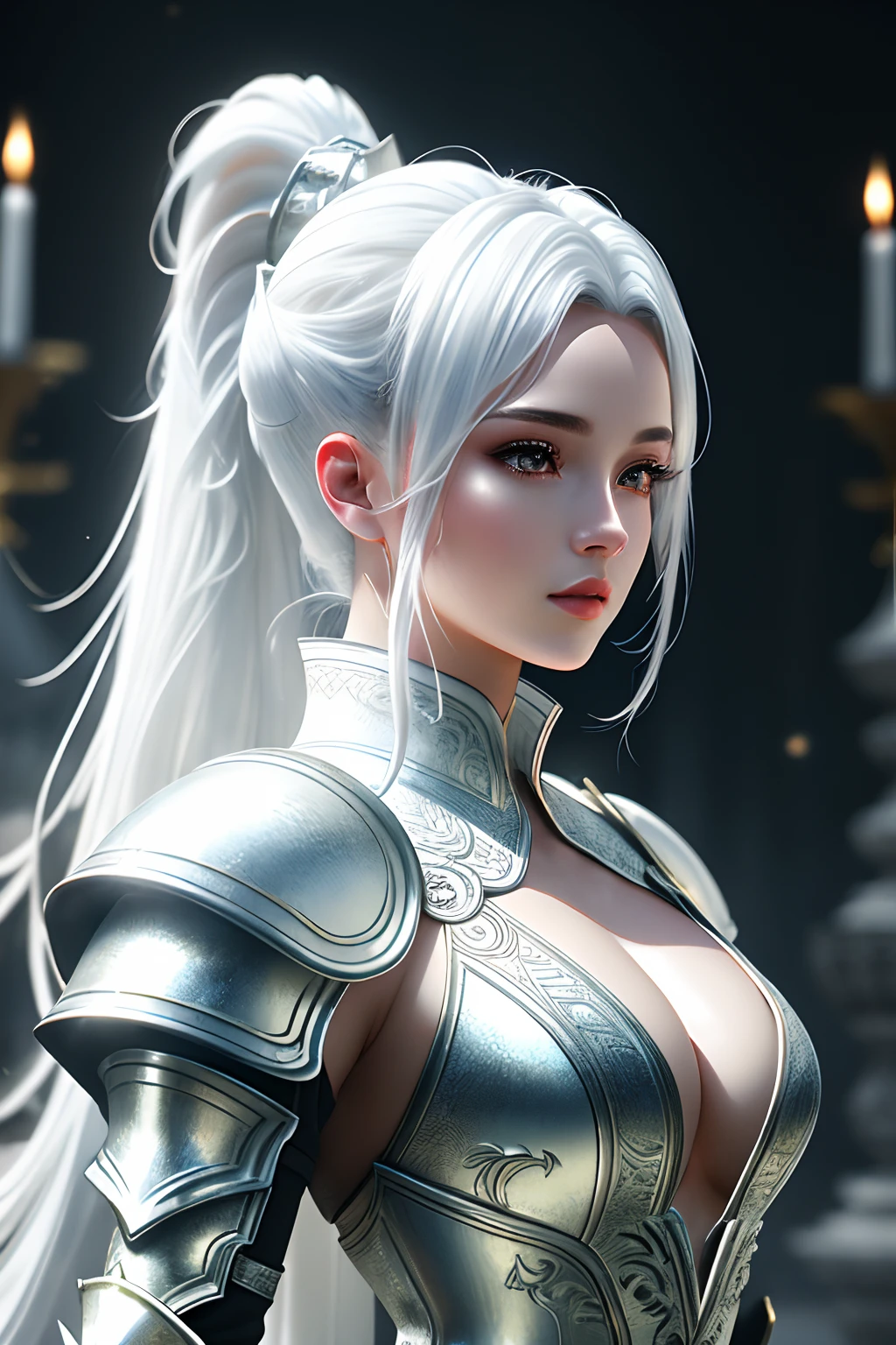 masterpiece, ultra detailed photography of a gorgeous humanoid dragon male, 1girl, (((21 year old girl))), perfectly drawn face, wearing a luxury white battle armor, luxurious gloves, 8k resolution, photorealistic, ultra-high quality, opulent detailed background, 32k, long white hair, messy ponytail, full lips, curvy guy, perfect anatomy, cinematic lighting, intricately detailed, white tetradic color, volumetric lighting