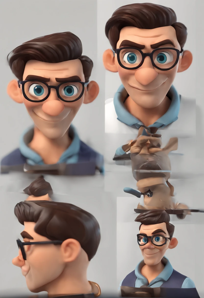 Cartoon character of a brunette man with thin-framed round black glasses and a blue shirt, barba castanha escura grande, ponta pequena debaixo do olho, nariz fino, corpo gordinho, animation character, Caractere estilizado, animation style rendering, 3D estilizado, Arnold Maya render, 3 d render stylized, toon render keyshot, Personagem 3D, Personagem 3D, 3d rendering stylized, 3 d character render, personagem de desenho animado, Personagem de close up, Pose de personagem,  (Estilo Pixar) (master part:1.2) (Bokeh) (best quality) (pele detalhada) (textura detalhada) (8k) (argila) (Cinematic lighting) (foco nítido