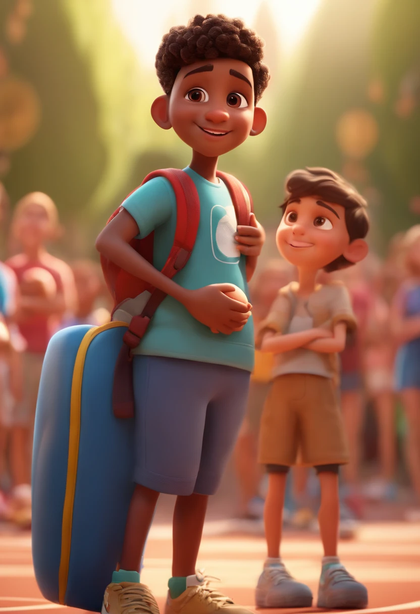 Cartoon boy with backpack and basketball in front of a crowd, 3D animated film, animation film, pixar 3 d animation style, pixar renderman rendering, Maia 8 mil, animated film, Disney Pixar Estilo 3D, brincando com um sorriso no rosto e correndo em uma quadra, In another photo, the same boy hugs a teacher