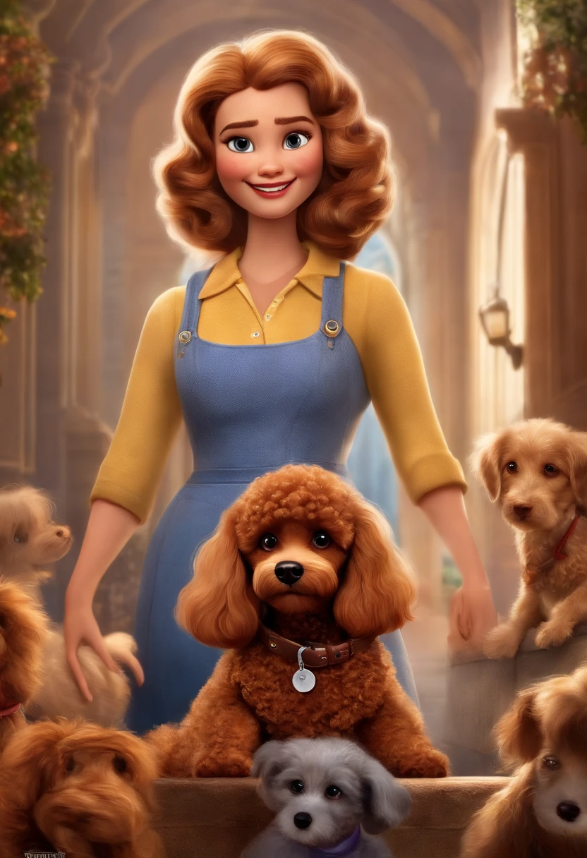 Create a poster inspired by Disney Pixar movies, apresentando um casal acompanhado por uma menina de altura mediana com cabelos castanhos escuros, Full lips and dark eyes and silly face together with brown poodle puppy girl, cachorrinho de pele bem cuidada com dentes caninos afiados e pontiagudos brincando. The poster is titled 'Lily' Digital art should be in the Pixar style, reminiscent of an animated feature.