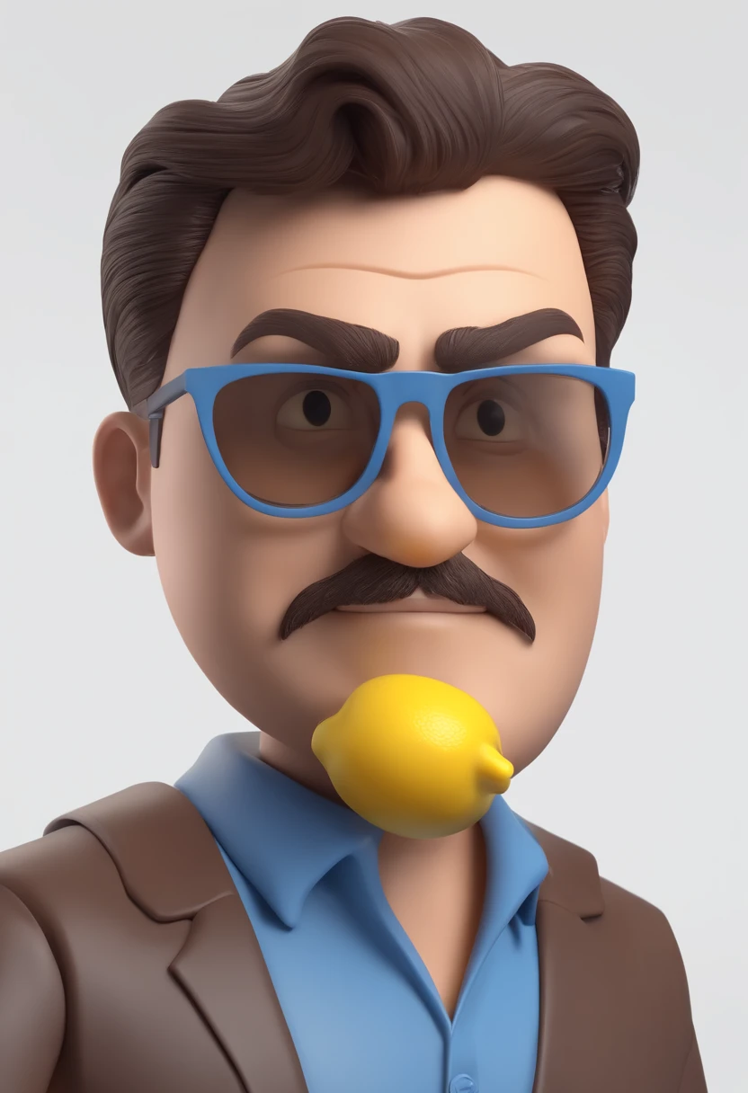 Cartoon character of a man with a lemon dead, black glasses, cabelo cacheado marrom escuro e uma camisa azul, animation character, Caractere estilizado, animation style rendering, 3D estilizado, Arnold Maya render, 3 d render stylized, toon render keyshot, Personagem 3D, Personagem 3D, 3d rendering stylized, 3 d character render, personagem de desenho animado, Personagem de close up, Pose de personagem,  (Estilo Pixar) (master part:1.2) (Bokeh) (best quality) (pele detalhada) (textura detalhada) (8k) (argila) (Cinematic lighting) (foco nítido