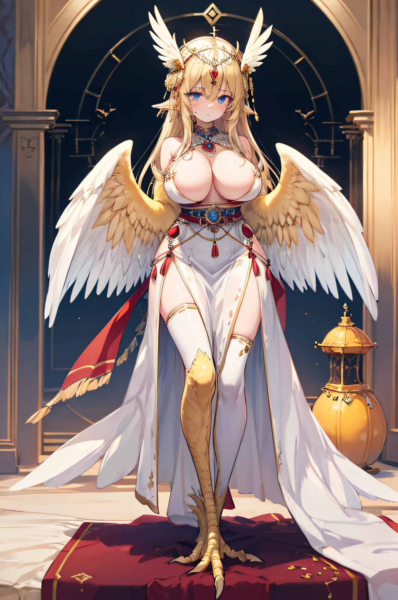 4k,hight resolution,One Woman,harpy,Bright blonde hair,Longhaire,Bright blue eyes,huge tit,Bright white wings,Golden toenails,valkyrie,high priestess,Goddess dress,Winged headgear,jewel decorations,Temple in the Sky