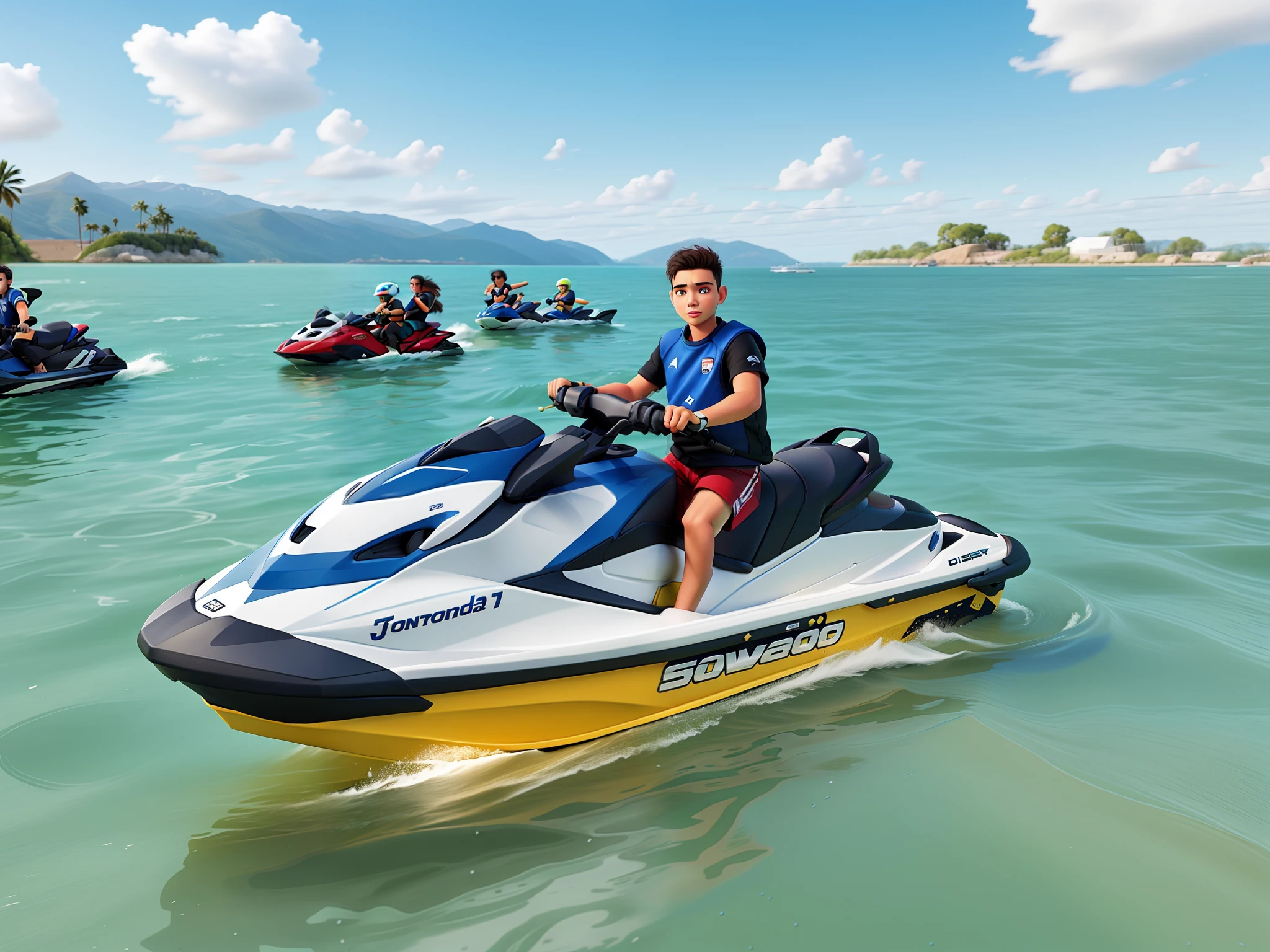 young man on a jet ski with the football shirt