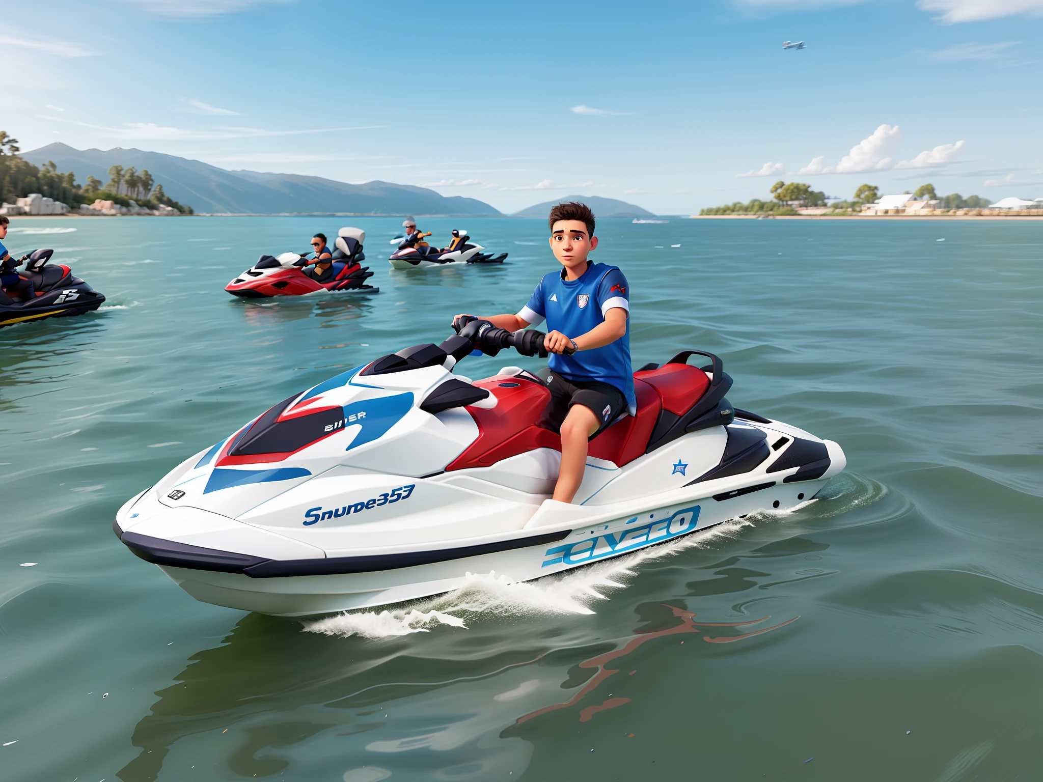 young man on a jet ski with the football shirt