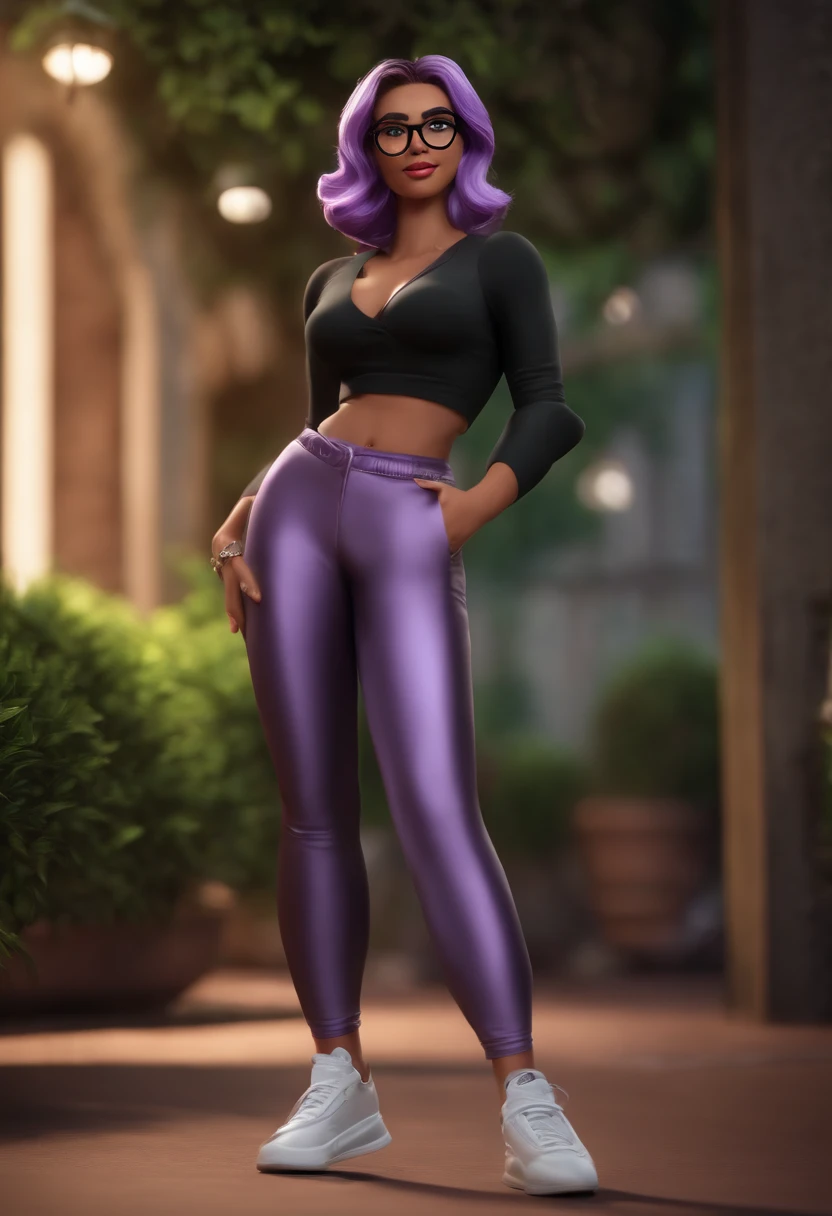 Cartoon character of a woman with lilac glasses and a black shirt, All Star Sweatpants & Sneakers, cabelo curto cacheado e grisalho,fofinha,boca carnuda,olhos mel,animation character, Caractere estilizado, animation style rendering, 3D estilizado, Arnold Maya render, 3 d render stylized, toon render keyshot, Personagem 3D, Personagem 3D, 3d rendering stylized, 3 d character render, personagem de desenho animado, Personagem de close up, Pose de personagem,  (Estilo Pixar) (master part:1.2) (Bokeh) (best quality) (pele detalhada) (textura detalhada) (8k) (argila) (Cinematic lighting) (foco nítido