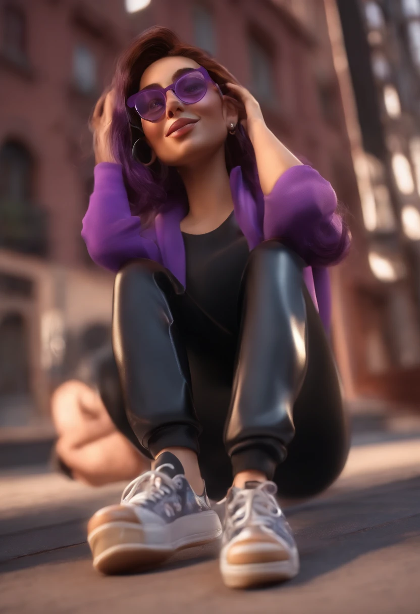 Cartoon character of a woman with lilac glasses and a black shirt, All Star Sweatpants & Sneakers, cabelo curto cacheado e grisalho,fofinha,boca carnuda,olhos mel,animation character, Caractere estilizado, animation style rendering, 3D estilizado, Arnold Maya render, 3 d render stylized, toon render keyshot, Personagem 3D, Personagem 3D, 3d rendering stylized, 3 d character render, personagem de desenho animado, Personagem de close up, Pose de personagem, (Estilo Pixar) (master part:1.2) (Bokeh) (best quality) (pele detalhada) (textura detalhada) (8k) (argila) (Cinematic lighting) (foco nítido