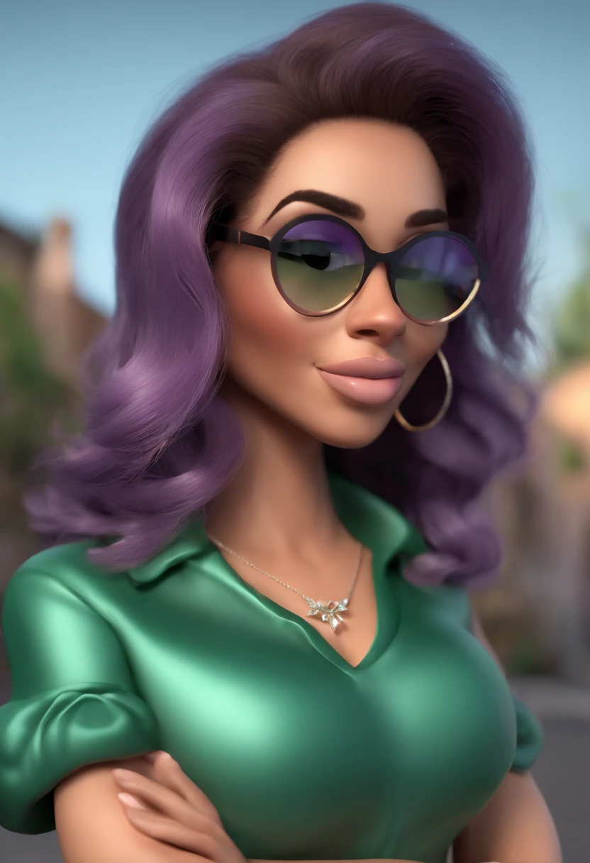 Cartoon character of a woman with lilac glasses and a black shirt, All Star Sweatpants & Sneakers, cabelo curto cacheado e grisalho,fofinha,boca carnuda,olhos mel,animation character, Caractere estilizado, animation style rendering, 3D estilizado, Arnold Maya render, 3 d render stylized, toon render keyshot, Personagem 3D, Personagem 3D, 3d rendering stylized, 3 d character render, personagem de desenho animado, Personagem de close up, Pose de personagem, (Estilo Pixar) (master part:1.2) (Bokeh) (best quality) (pele detalhada) (textura detalhada) (8k) (argila) (Cinematic lighting) (foco nítido