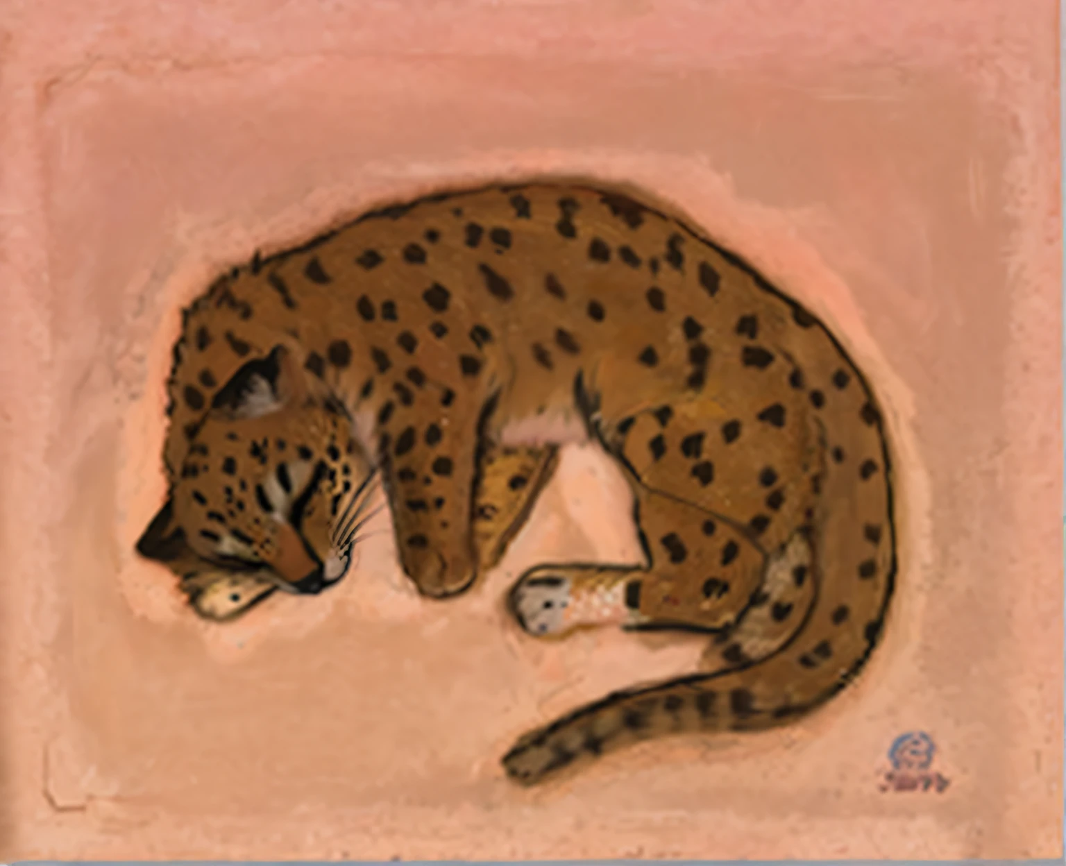 Painting of a leopard sleeping on a pink surface, neko, illustration of a cat, A painting of a cat, painting of a cat, in a painting of a cat, Bill Traylor（Bill Taylor）, author：Gu Wenxiang, Francesco Clemente（Francesco Clemente）, animal drawing, A cat, illustration”, author：Benevolent and righteous way, author：Josse Lieferinxe