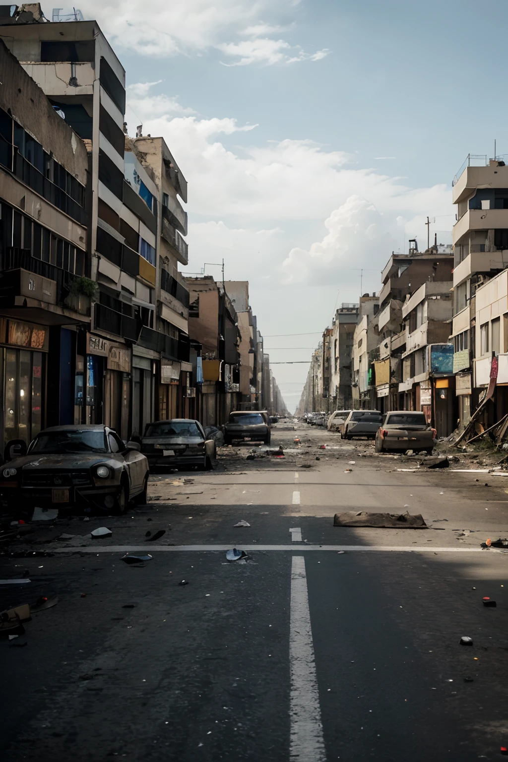 Imagine a scene of war where a city is devastated by a brutal battle. Cars are wrecked and the streets are littered with debris. Despair and hopelessness spreads across the city. As far as the eye can see, only destruction and devastation.