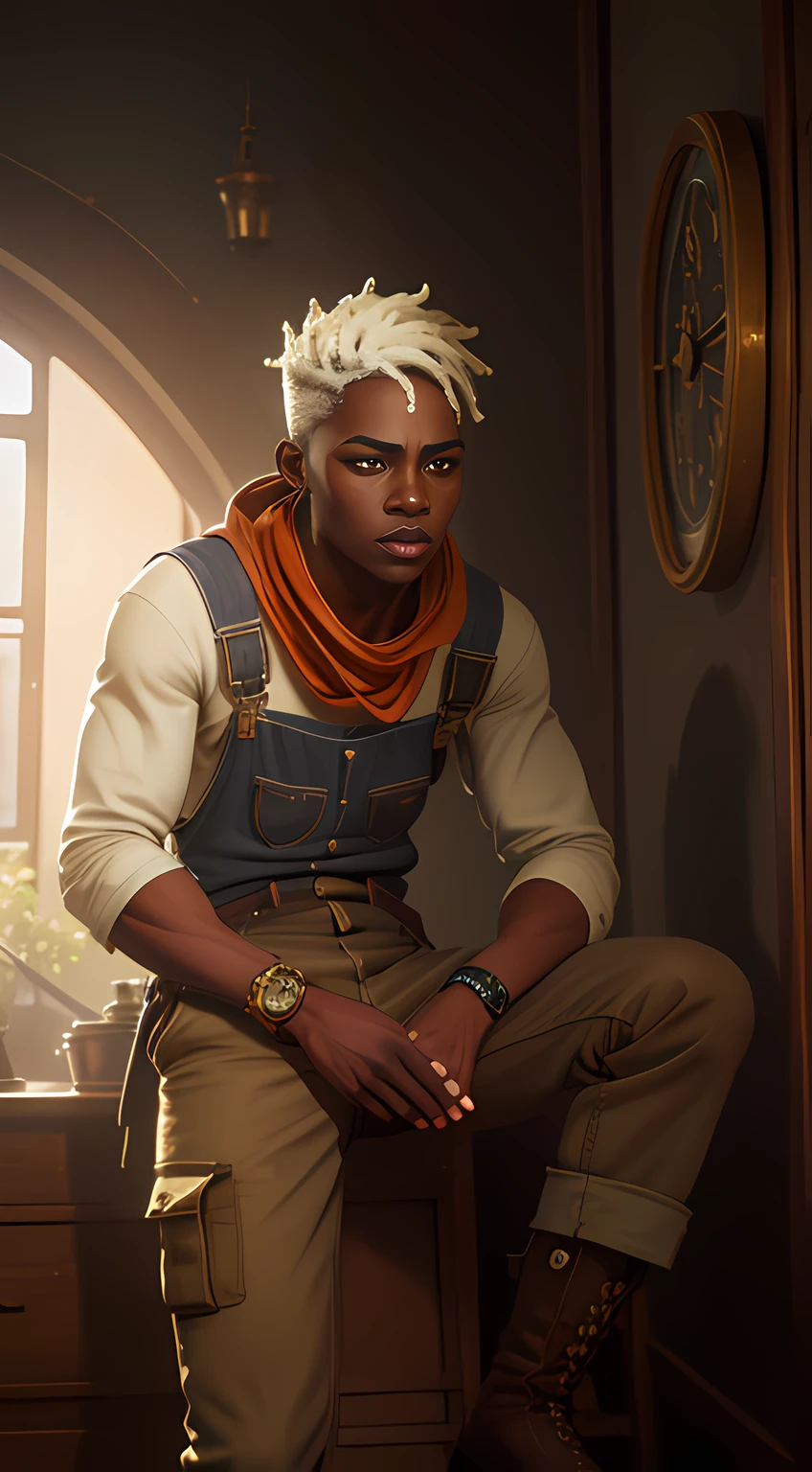 Ekko Arcano, Arcane ekko many details, young face, 16 year old, 1st year, alone, dark-skinned man, dark skin, ((brown eyes: 1.5)), white mohawk hair, letterbox, dreadlocks, short fur , bangs, jacket, tooth, gray hair, parted lips, , ((masterpiece)) , 8k , HDR , High details ,
wears brown gardener overalls and an orange scarf around his neck, long pants, and boots. He also wears a pocket watch with a zodiac symbol inside. This clock is actually his time travel device, the Z-Drive, holding antique picture frame clock,
War marks of white paint on his face, leaning against a wall next to a large beautiful tree , background large beautiful tree night steampunk , 
laughing when you hear a good story , face happy , repair to fix an old watch.