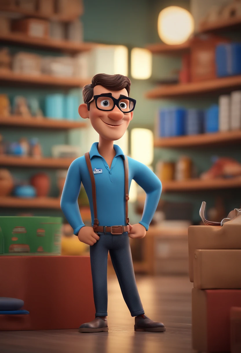 Cartoon character of a man with black glasses and a blue shirt, animation character, Caractere estilizado, animation style rendering, 3D estilizado, Arnold Maya render, 3 d render stylized, toon render keyshot, Personagem 3D, Personagem 3D, 3d rendering stylized, 3 d character render, personagem de desenho animado, Personagem de close up, Pose de personagem, (Estilo Pixar) (master part:1.2) (Bokeh) (best quality) (pele detalhada) (textura detalhada) (8k) (argila) (Cinematic lighting) (foco nítido